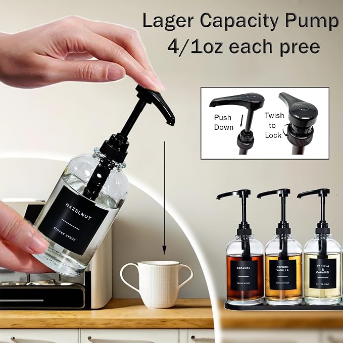 Coffee Syrup Dispenser for Coffee Bar, Glass Syrup Bottle with 1/4 oz Large Capacity Pump, Syrup Pump Dispenser with Pump for Coffee Station, Black with Tray,16.9oz, Set of 2