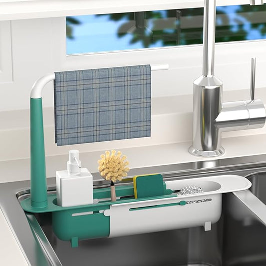 Telescopic Sink Storage Rack Adjustable with 2 Sponge - Sink Caddy Sponge Holder for kitchen sink(Green)