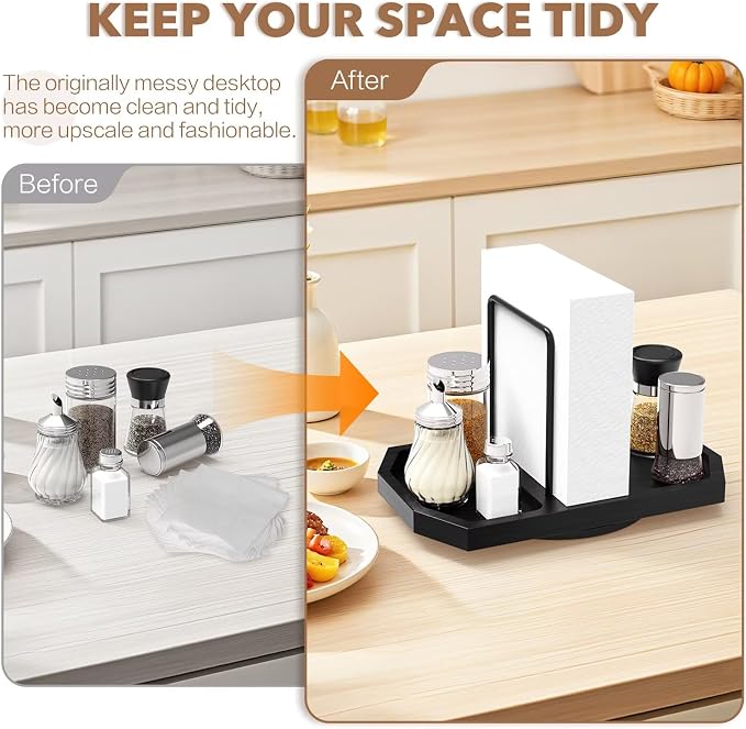 Napkin Holder for Table, Rotating Napkin Dispenser with Salt and Pepper Shakers Storage, Standing Paper Napkin Organizer for Kitchen Dining Table Decor (1, Black)