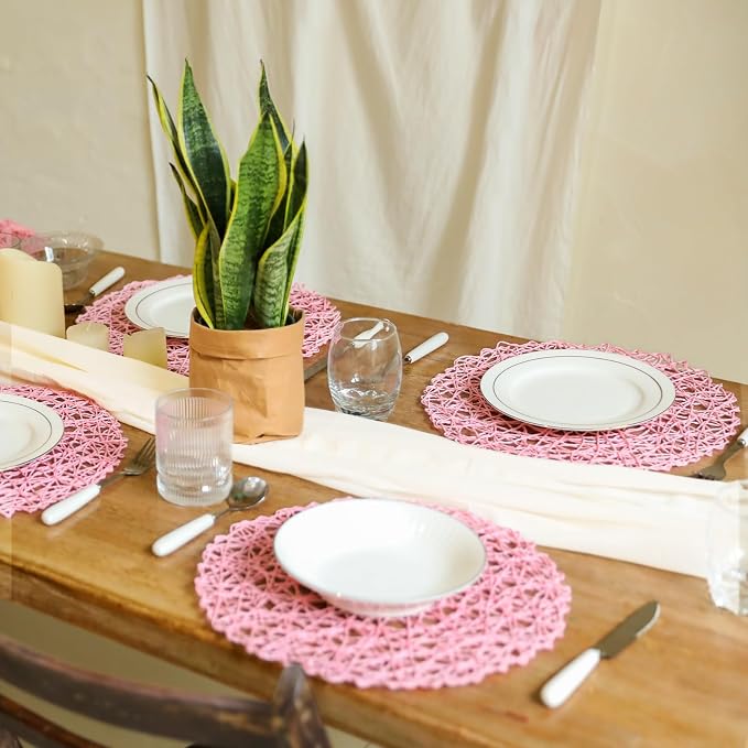 AHHFSMEI Paper Braided Round Placemats Set of 12 Natural Non-Slip Heat Resistant Table Mats for Dining Tables Woven Indoor Outdoor Place mats(Pink)