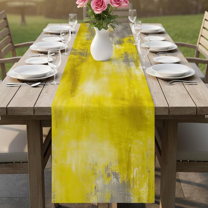Vintage Yellow Short Table Runners 48 Inches, Cotton Linen Fabric Table Runner Dresser Scarf, Abstract Minimalist Painting Art Watercolor Tablerunner for Party/Kitchen/Dinner/Wedding Decor 13"x48"