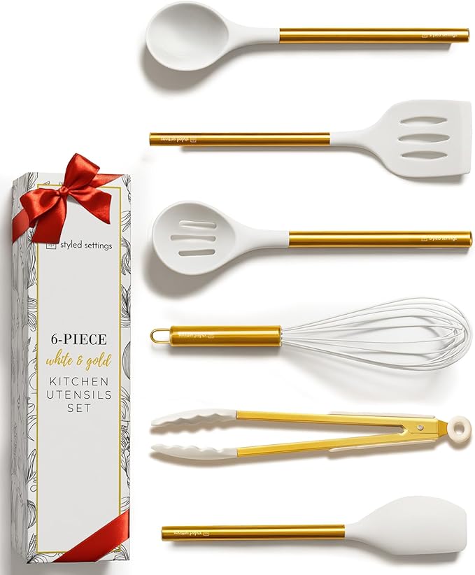 Gold Kitchen Utensils Set – 6 PC White Silicone and Gold Cooking Utensils with Spatula, Whisk, Tongs, Spoons, Cooking Tools for Nonstick Cookware – Luxury Kitchen Accessories for Home Chefs