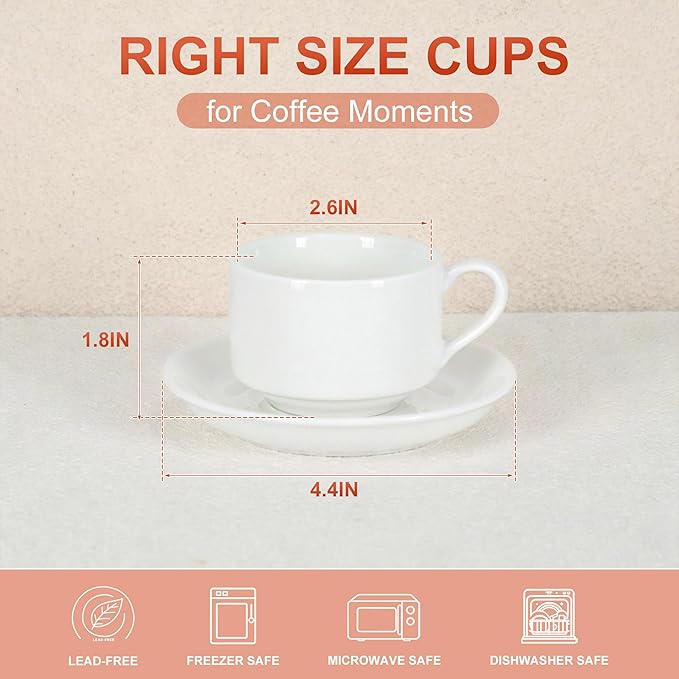 3 Ounce Espresso Cups Set of 4, Stackable Demitasse Mugs, Includes Display Stand, Cups Saucers, and Spoons, for Machines & Home Use, White Silver Tone