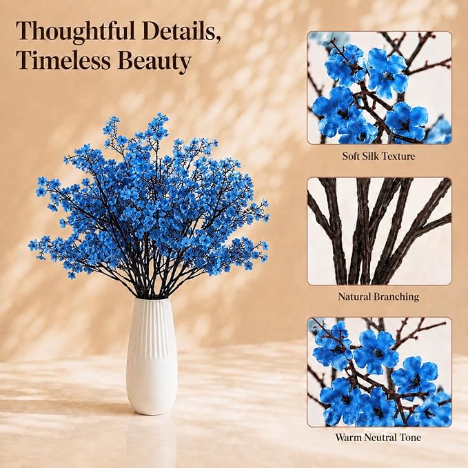 Mandy's Royal Blue Artificial Baby’s Breath Flowers 6 Bundles Silk Gypsophila, 18.5 Inch European Style Modern Home Decor Centerpiece, Neutral Wedding Flower Arrangements