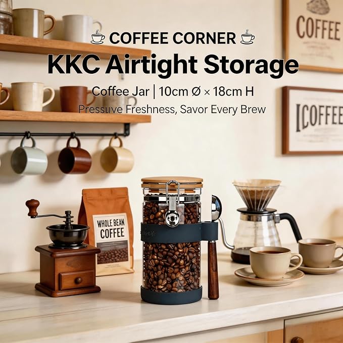 KKC 40oz Airtight Glass Coffee Canister with Bamboo Lid & Scoop - Clear Bean Storage Jar for Ground or Whole Beans, Preserves Freshness - Modern Coffee Bar Accessory