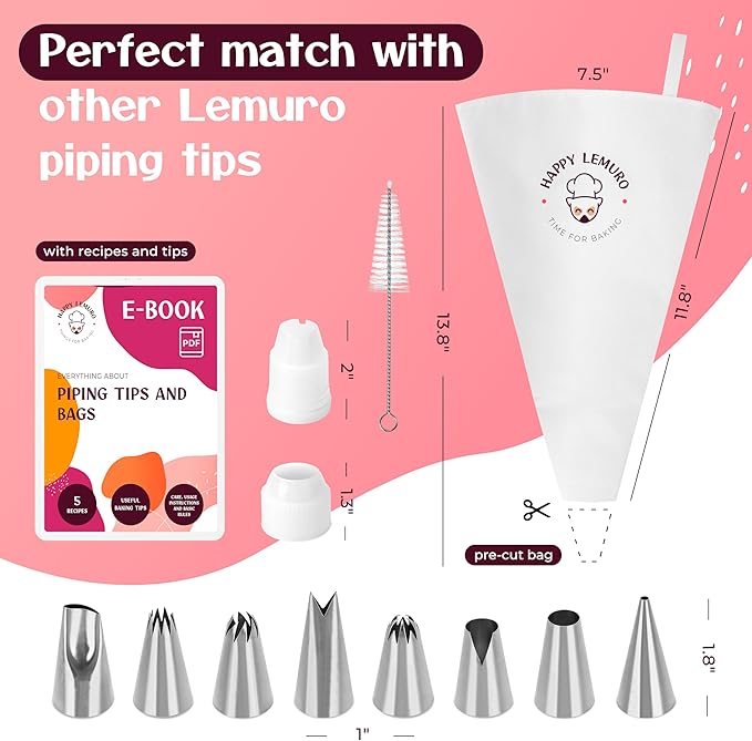 Professional Baking Piping Bags and Tips Set - Cotton Reusable Piping Bag 14" with 8 Stainless Steel Large Pastry Tips for Cake Decorating - Cupcake Kit with Icing Bag and Nozzles