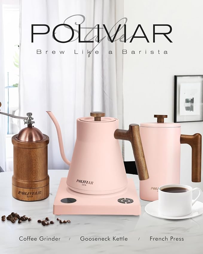 POLIVIAR Electric Gooseneck Kettle, 1200W Electric Tea Kettle Real Wood Handle, 34oz Pour Over Electric Kettle for Coffee & Tea, 18/8 Stainless Steel Inner, Temperature Control & Rapid Heating