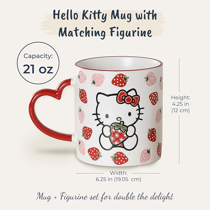 Blue Sky Clayworks Hello Kitty Strawberry 21 Oz Coffe Mug and Figurine Gift, Set of 2, 73454