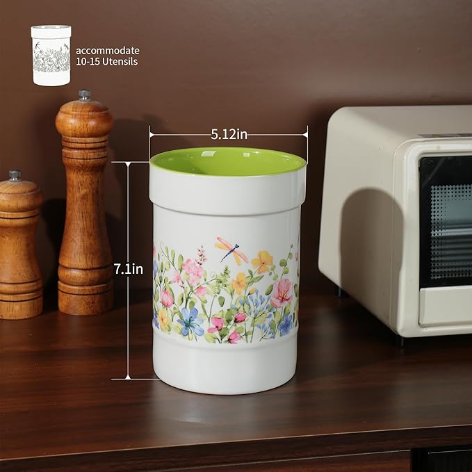 Kitchen Decor Utensil Holder,7in Ceramic Utensil Crocks for Countertop,Cocina Organizer for Cooking utensil caddy, White and Green Cottage Style