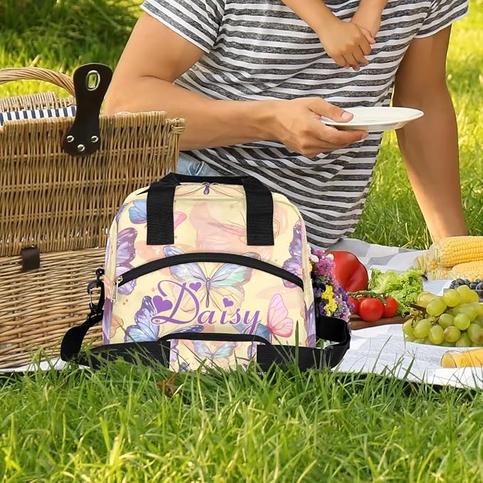 Personalized Butterfly Lunch-Bag for Women, Custom Insulated Cooler Lunch Box with Name, Leakproof-Reusable Lunch Tote Bag for Work Office Picnic - Yellow Purple