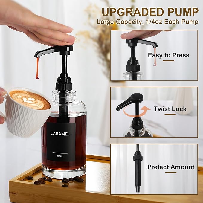 Coffee Syrup Dispenser for Coffee Bar, 16.9 fl oz Glass Syrup Dispenser with 1/4oz Large Capacity Pump, Coffee Syrup Pump Dispenser for Home Kitchen Station, Latte & Iced Coffee Station Organizer