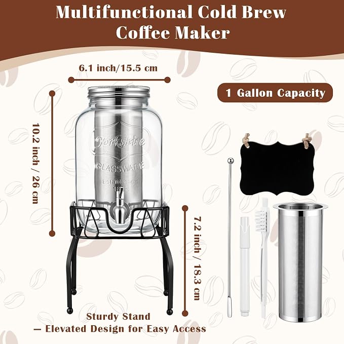 1 Gallon Cold Brew Coffee Maker with Stand, Heavy Duty Glass Iced Coffee Maker & Beverage Dispenser, Thick Iced Tea Pitcher for Fridge with 304 Stainless Steel Filter, Spigot & Lid