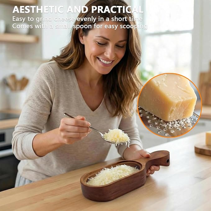 Handheld Cheese Grater with Wooden Container, Stainless Steel Grater Shredder & Zester - for Parmesan, Lemon, Chocolate, Perfect Kitchen Gift & Italian Cooking Gadget
