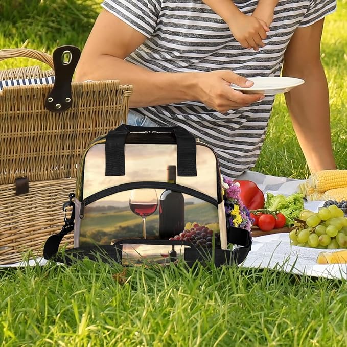 Wine Field Pattern Insulated Lunch Bag for Women Men Reusable Lunch Box Cooler Bag Large Leakproof Lunch Tote with Adjustable Shoulder Strap for Adult Work Picnic Camping Beach Office