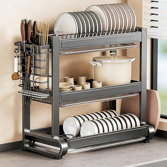 JHDXL Over Sink Dish Drying Rack, 2/3-Tier Stainless Steel Dish Rack, Multifunctional Metal Counter Shelf, Stable Load-Bearing, for Plates, Bowls, and Pots(Black 2,55.5cm/21.9in)
