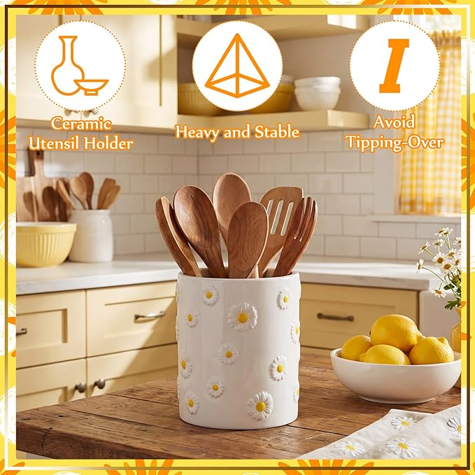 LemonRoad Daisy Utensil Holder for Kitchen Counter,Ceramic Cooking Utensil Crock Modern Farmhouse Countertop Organizer for Spatula Ladle Kitchen Counter Decor