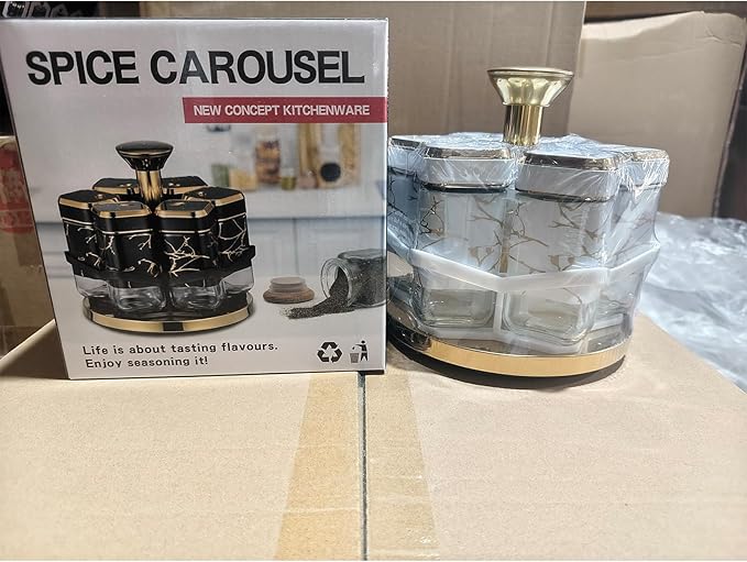 Revolving Spice Rack Organizer with 6 Glass Jars, Countertop Spice Seasoning Rack Tower with Glass Containers, Rotating Seasoning Holder Shelf for Kitchen (Black and Gold)