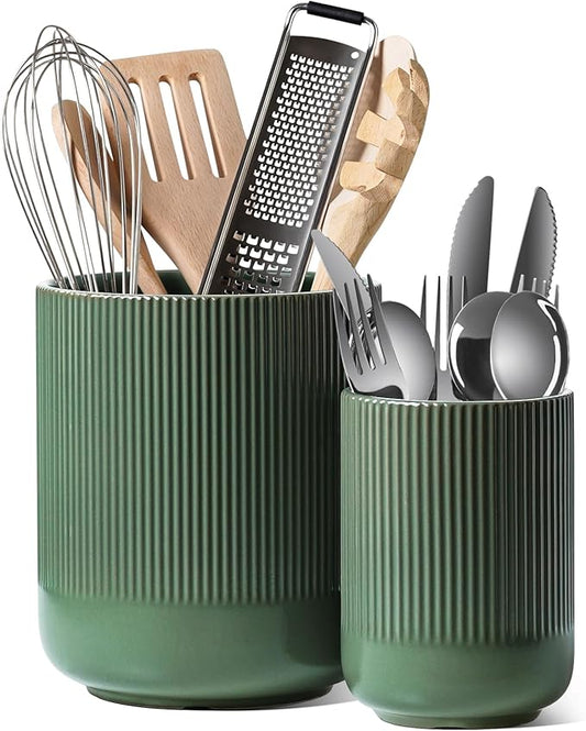 LE TAUCI Utensil Holder for Kitchen Counter, 7.3"+5.4" Fluted Ceramic Utensil Crock Organizer for Countertop, Heavy Large Holder for Spatulas, Spoons, Set of 2, Forest Green