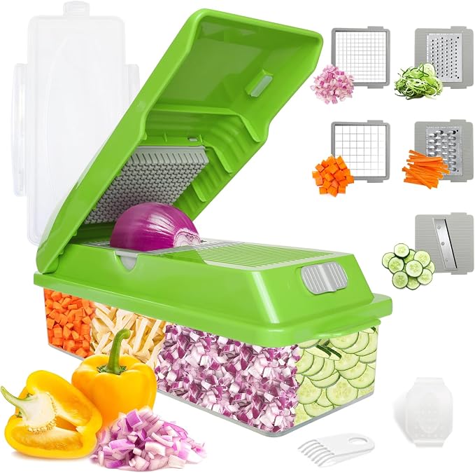 LHS Professional Multifunctional Vegetable Chopper Pro Food Chopper with Food Storage Containers, Mandoline Slicer Onion Dicer Fruit Cutter, Kitchen Gadgets and Home Essentials(7 in 1, Green)