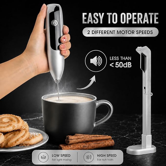 GOCHA Rechargeable Milk Frother, USB-C Electric Milk Foamer Handheld, Double Spring Whisk, 2-Speed Foam Maker for Coffee, Latte, Cappuccino, Matcha, Hot Chocolate, Stand Included (Silver)