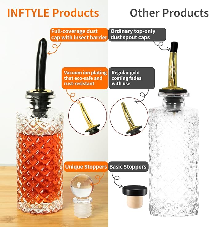 Coffee Syrup Dispenser Bottles Set 6 Pack 7 OZ, Simple Small Glass Syrup Bottles for Coffee Bar with Metal Pour Spout Ideal for Coffee Syrups, Honey
