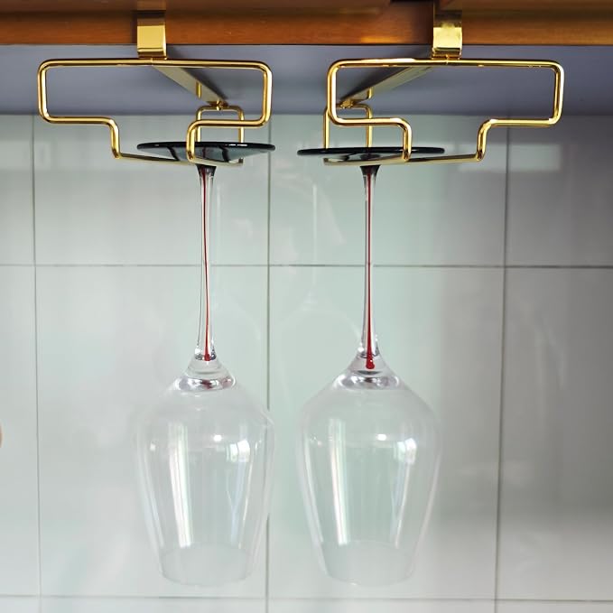 2Pcs Wine Glass Hanger - Quick-Install No-Drill Hanging Home Stemware Rack Wine Glass Storage Stemware Organizer Kitchen Storage (Golden)