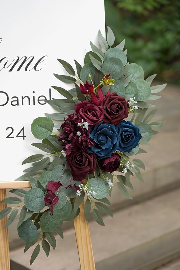 Olalaka Navy and Burgundy Flower for Wedding Welcome Signs Decorations, Artificial Burgundy Wedding Arch Flowers for Wedding Ceremony (Set of 2)