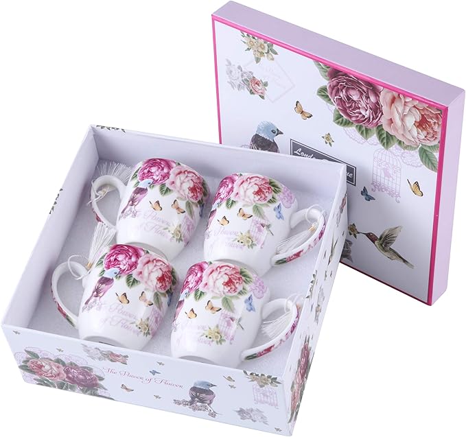 London Boutique Tea Coffee Cup Mug Set 4 Porcelain Bird Rose Butterfly Shabby Chic design in Gift Box 330ML 11oz