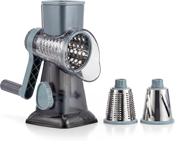 Rotary Cheese Grater Hand Crank, Cheese Shredder Stainless Steel with 3 Interchangeable Blades, Manual Food Grater and Shredder, Potato Shredder, Vegetable Cutter, Countertop Suction Base