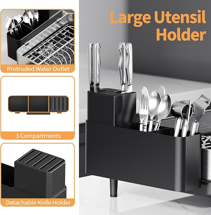 Urackify Large Dish Drying Rack, 304 Stainless Steel Dish Rack for Kitchen Counter, Expandable Dish Drainer with Cutlery Holder, Multifunctional Space Saving Organizer, Black