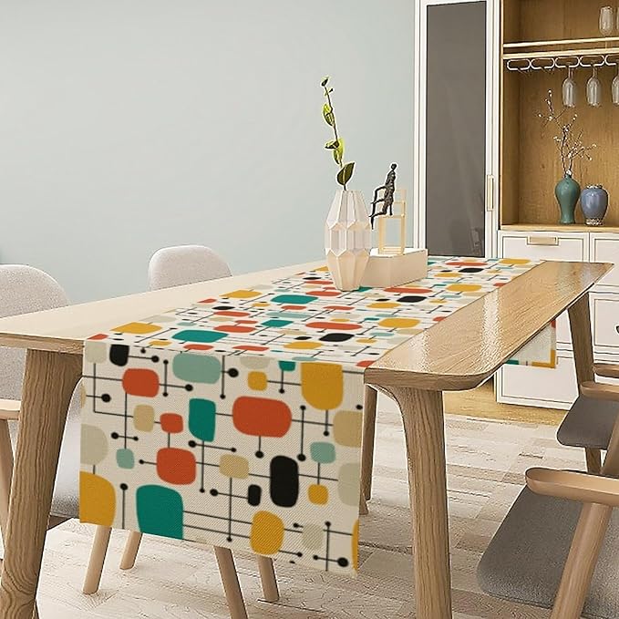 Mid Century Table Runner,Retro 60s Colorful Geometric Atomic Star Abstract Art Table Runner for Home Indoor Outdoor Kitchen Holiday Birthday Party Wedding Decor 13x36 Inch