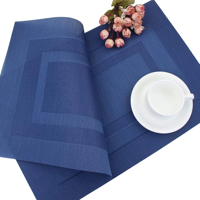 PIGCHCY Placemats,Washable Woven Vinyl Placemats for Dining Table,Easy to Clean Plastic Durable Placemats Set of 6 (18 x 12 inchesches, Navy Blue)