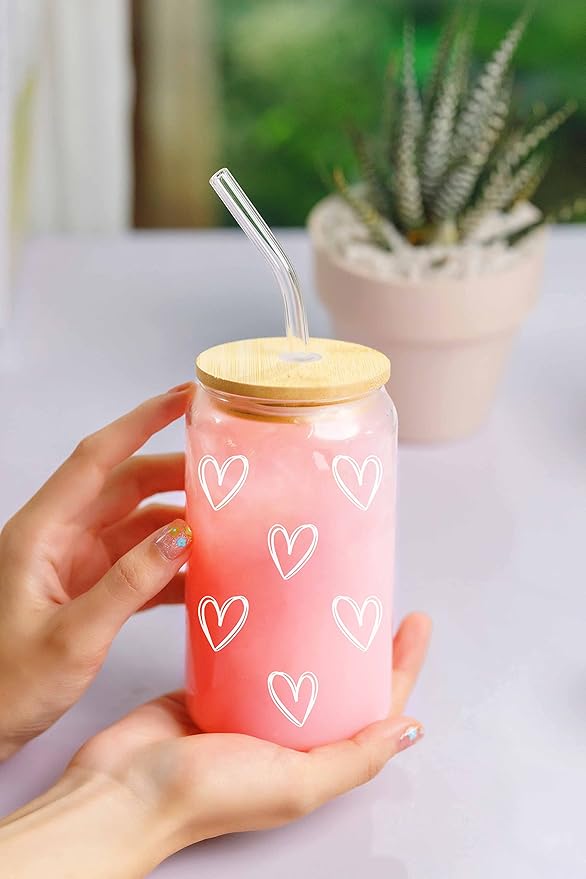 NewEleven Mother Day Gift For Her - Cute Glass Coffee Cups With Lids And Straw – Aesthetic Cups – Iced Coffee Cup, Coffees Tumbler – Gifts For Women, Friends, Coffee Lover - 16 Oz Coffee Glass