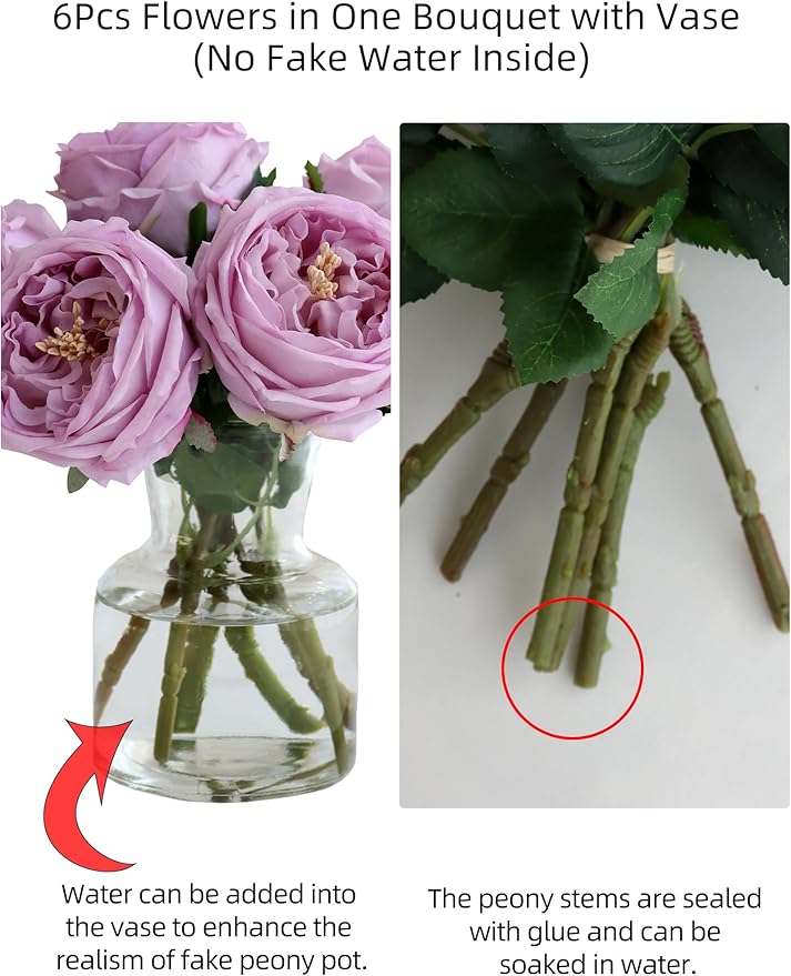 Fake Austin Rose Peonies Flowers with Vase, Clear Glass Vase with Purple Real Touch Peonies Artificial Flowers,Faux Flower Arrangements for Dining Table Centerpiece Decor