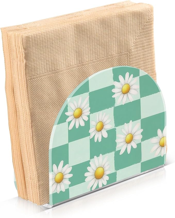 Fustylead Mint Green Checkered Daisy Flower Napkin Holder for Table Acrylic Vertical Napkin Holders for Paper Napkins Decor Napkin Dispenser for Home Party Dining Cocktail Kitchen Accessories