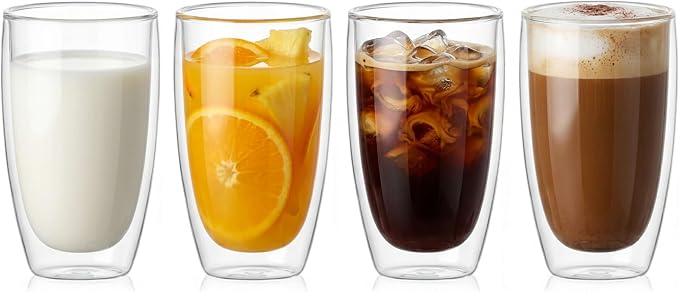 DOPUDO 17oz Double Wall Glass Coffee Mugs Set of 4, Insulated Coffee Mug, Clear Borosilicate Glass Coffee Cups for Cappuccino, Tea, Lightweight and Microwave Safe