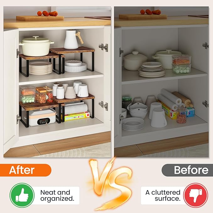 HOOBRO Cabinet Organizer Shelf, Set of 2, Kitchen Countertop Organizer, Kitchen Countertop Shelf, Spice Rack for Counter, Stackable, Expandable for Cabinet, Kitchen, Rustic Brown and Black BF33TL01