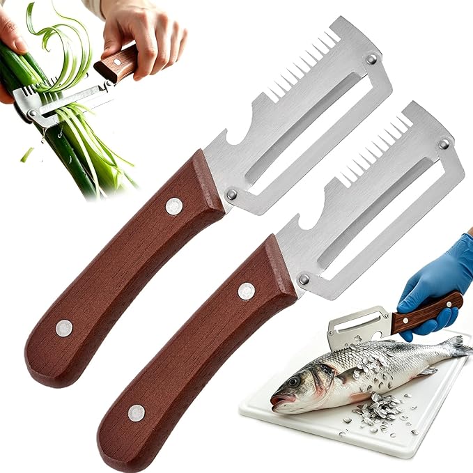 3 in 1 Premium Heavy Duty Stainless Steel Peeler - 2026 New 0 Snag Wooden Peeler for Kitchen - Multifunctional Vegetable Peeler with Bottle Opener & Serrated Blade - Fruit & Potato Peeling Tool (A*2)