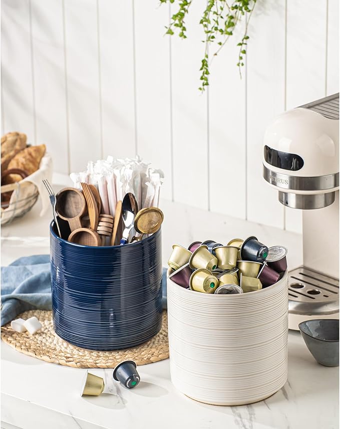 Large Utensil Holder for Kitchen Counter, 7.3” Ceramic Cooking Utensil Crocks for Spatula & Spoon, Farmhouse Kitchen Utensil Holder with Cork, Home Decor, Dark Blue