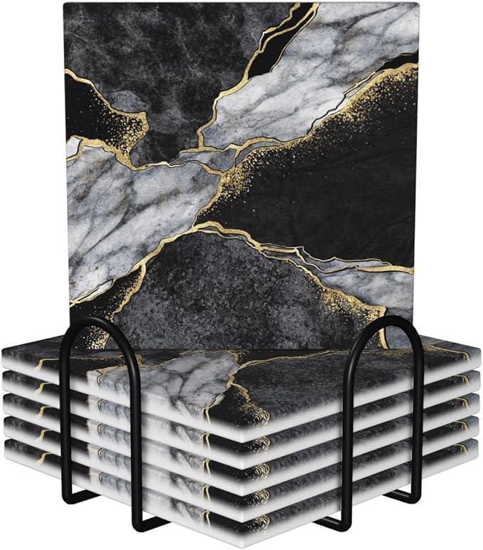 Luxury Black Grey Marble Square Ceramic Coasters Set of 6 Pack, Dark Gray Golden Ink Granite Texture Stone Drink Coaster with Cup Holder Anti-Scratc Cork Backing Bar Kitchen Home Housewarming Gift