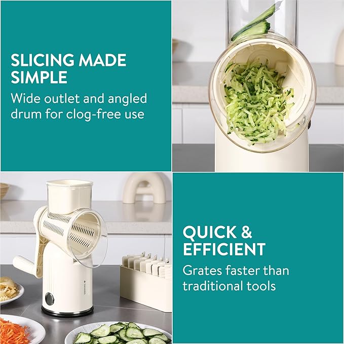 Navaris Rotary Cheese Grater with 5 Blades - Vegetable Shredder, Strong Suction Base, Mandoline Slicer for Fruit, Nuts, Dishwasher Safe, with Storage Box, Easy to Clean, Cream