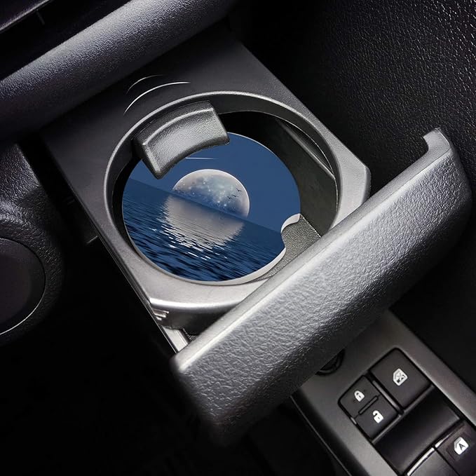 Car Coasters for Cup Holders 2.6" Dia Absorbent Coasters Set of 4 Car Interior Accessories for Women Ceramic Car Coaster for Drinks with Finger Grooves,Full Moon and Meteor Reflection on Sea Surface