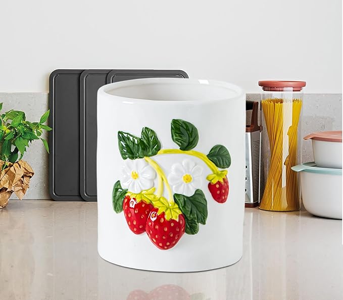 dgudgu Strawberry Kitchen Utensil Holder for Countertop Ceramic Utensil Crock for Kitchen Counter with Carved Strawberry Vine Design White Farmhouse Countertop Organizer for Spoons,Spatulas(white)