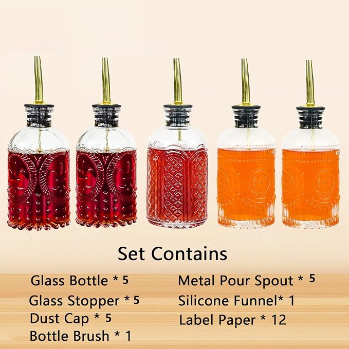 Glass Coffee Syrup Dispenser Bottles Set - 5 Pack 8oz Vintage Embossed Simple Syrup Bottles with Pour Spouts, Labels, Funnel 、Cleaning Brush, Perfect for Coffee Bar, Cocktails, Liquor,Coffee Syrups
