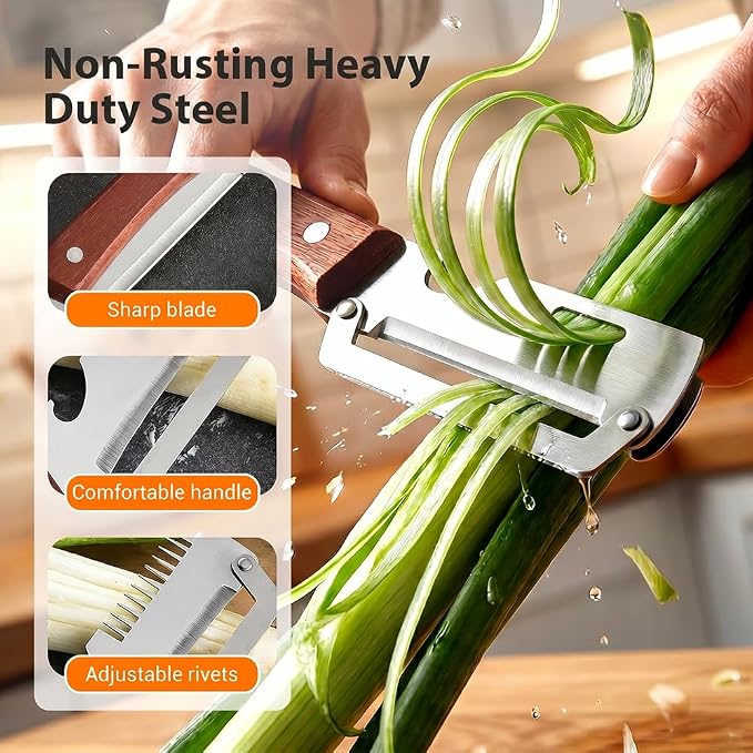 2 Pcs Premium Vegetable Peeler, Multi-Functional Vegetable Stainless Steel Peeler with Wooden Handle and Bottle Opener, Kitchen Gadgets Tool for Vegetables and Fruits, Pumpkin, Potato (Light Brown)