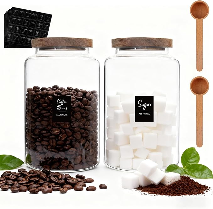 Glass Storage Jar with Bamboo Lids Spoons Glass Coffee Canister Borosilicate Glass Food Container for Coffee Beans Nut Pasta Sugar Candy Spice Rice Loose Tea (2800/94oz-2pack)