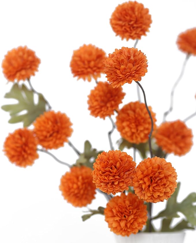DuHouse 6pcs Artificial Flowers Faux Silk Pompon Mum,Silk Small Mini Chrysanthemum Ball with Stems for DIY Bouquets Centerpieces Vase Home Table Kitchen Decorations(Orange)
