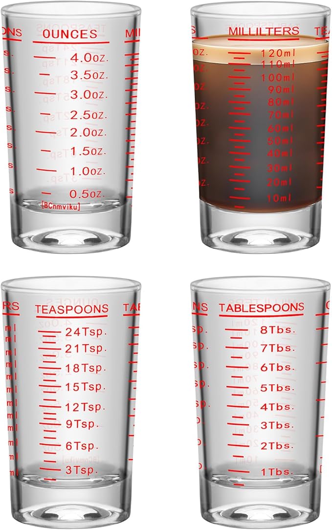 4Pcs Shot Glass Measuring Cup, 4 Ounce Heavy Base Jigger, Espresso Shot Glasses, Liquid Cup, Round Shot Glasses, Small Cups for Vodka, Whiskey, Tequila, Espresso, Liquor (4, Red)
