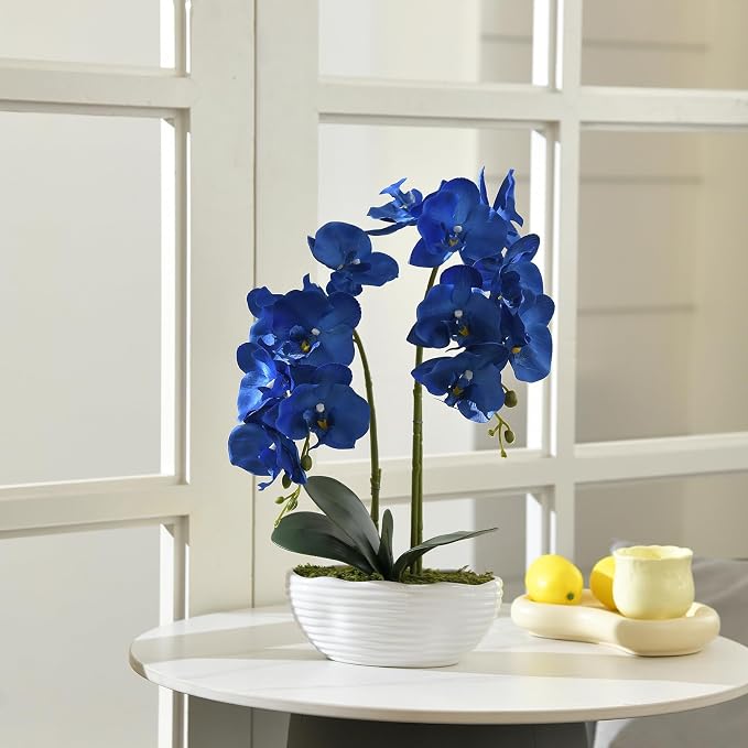 Large Artificial Potted Orchid Plant, Silk Flower Arrangement with Ceramics Vase, Navy Blue