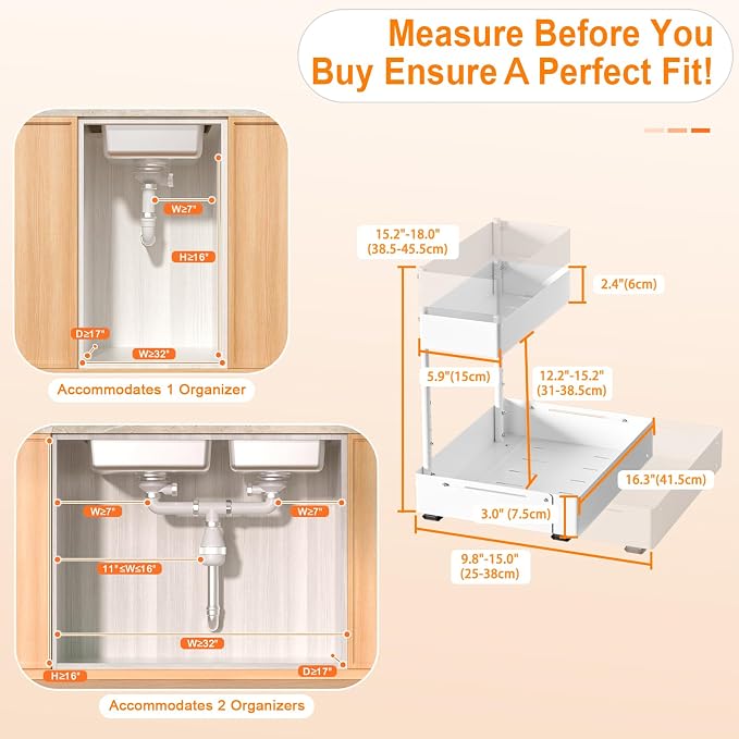 YJHome 1 Pack Expandable Under Sink Organizer, 2 Tier Pull Out Cabinet Organizer with Smooth Ball Bearing Slides, Adjustable Height Cabinet Storage Shelves for Kitchen, Bathroom, Laundry, Pantry